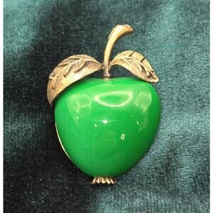 Vintage Gold Tone Green Enamel Apple Brooch